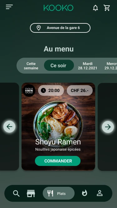 Le même écran de commande Kooko en mode sombre, avec une mise en page identique et des couleurs adaptées.