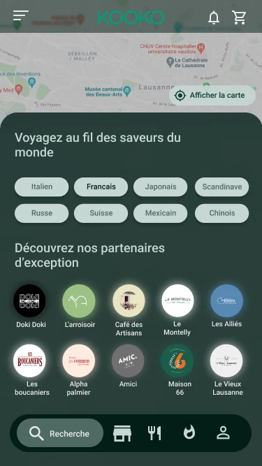 Le même écran de découverte des restaurants en mode sombre, avec la carte, les filtres et la grille de partenaires.