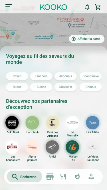 L’écran de découverte de Kooko en mode clair, avec une carte de Lausanne, des filtres par cuisine et les restaurants partenaires.