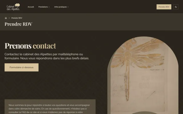 The Cabinet des Alpettes appointment page on a desktop browser, with the ways to reach the practice.