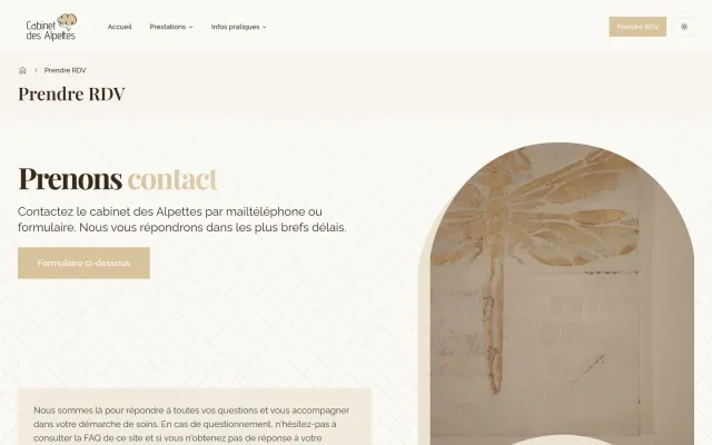 The Cabinet des Alpettes appointment page on a desktop browser, with the ways to reach the practice.