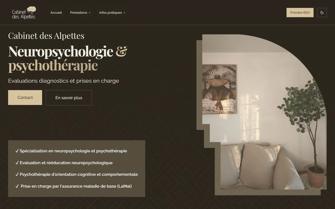 Le site web du Cabinet des Alpettes, ses prestations listées à côté d’une photographie d’une salle de consultation.