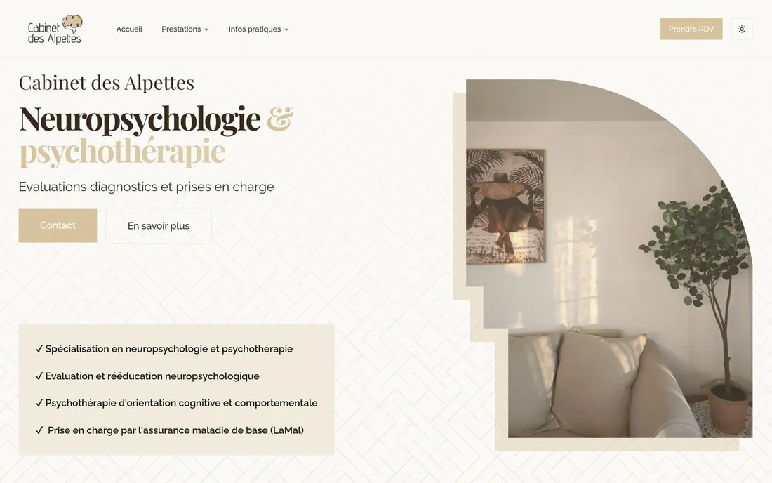 Le site web du Cabinet des Alpettes, ses prestations listées à côté d’une photographie d’une salle de consultation.