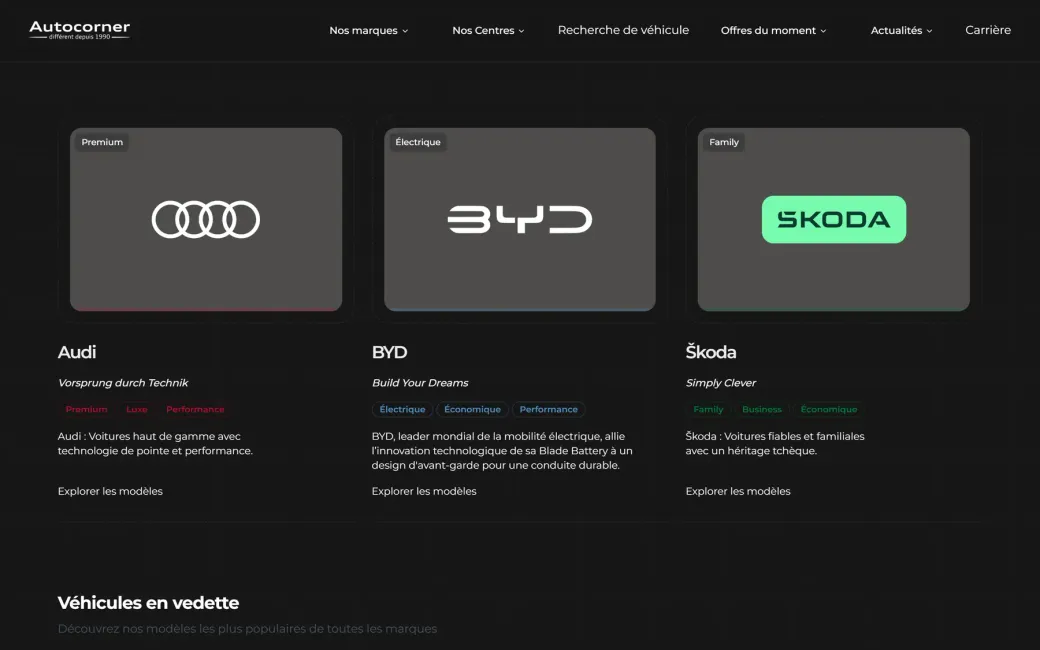 The Autocorner brands page with cards for Audi, BYD and Škoda, each using its own logo, wording and accent colour.
