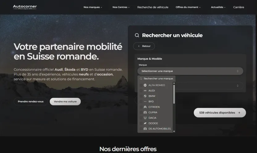 The Autocorner search widget with the make selector open, listing every available brand with a search field and checkboxes.