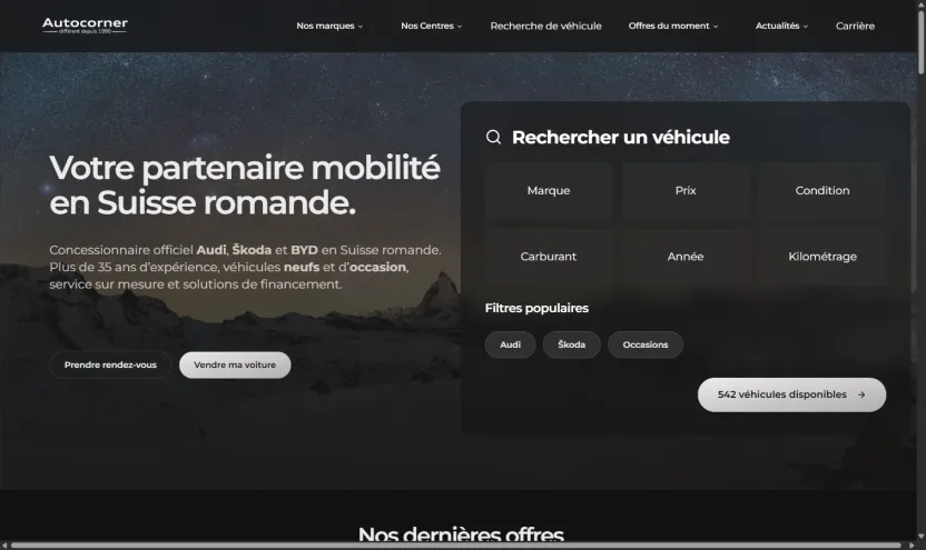 The initial Autocorner search widget showing popular filters and the number of vehicles currently available.