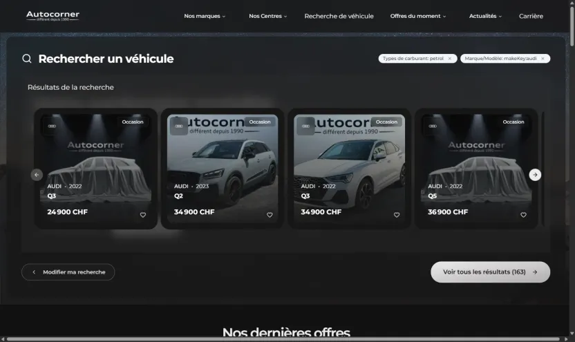 The Autocorner homepage previewing Audi petrol vehicles that match two active filters — make and fuel — with a link to all 163 results.