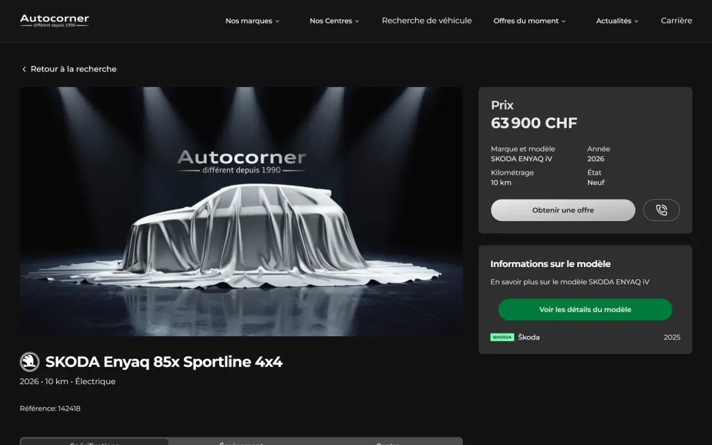 An Autocorner vehicle page for a Škoda Enyaq, showing its photograph, price, mileage, equipment and the centre responsible for the car.