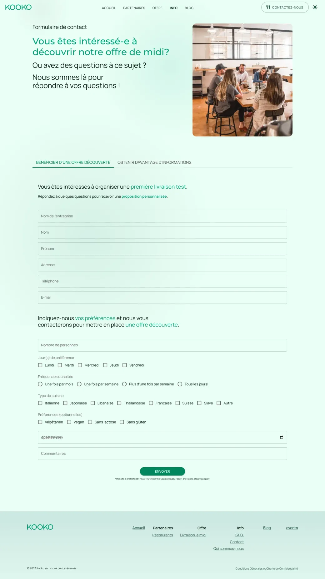 La page de contact de Kooko demandant le nom de l’entreprise, les coordonnées de la personne de contact et le nombre de collaborateurs à servir.