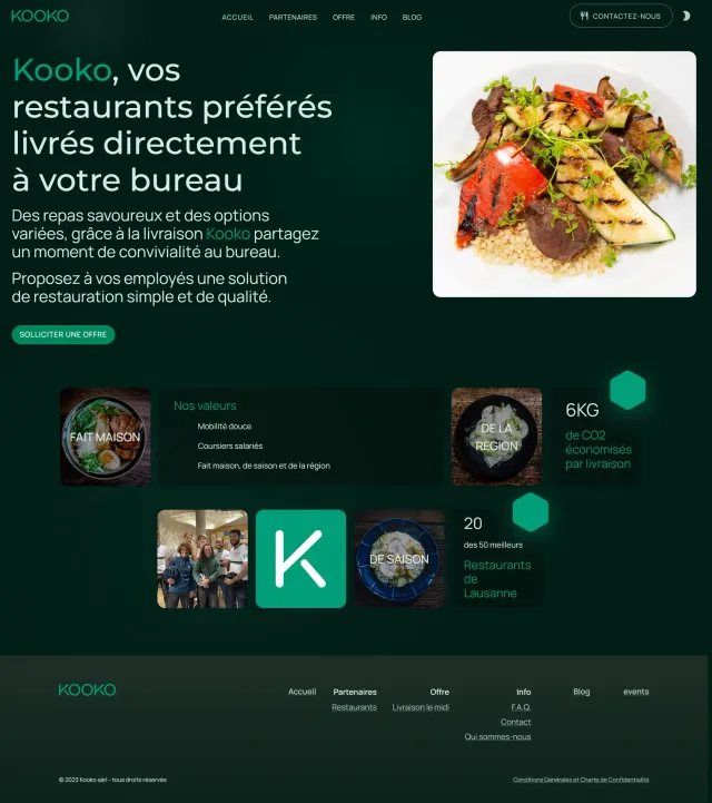 The Kooko home page on a desktop browser, presenting its office lunch delivery service over a photograph of a dish.