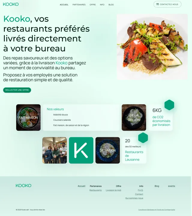 The Kooko home page on a desktop browser, presenting its office lunch delivery service over a photograph of a dish.