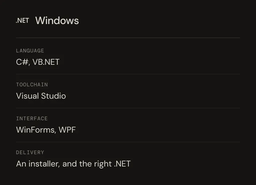 The Windows stack, from C# and Visual Studio to an installer and the right .NET runtime.