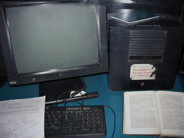 The NeXT computer that ran the first web server at CERN, labelled with a warning not to switch it off.